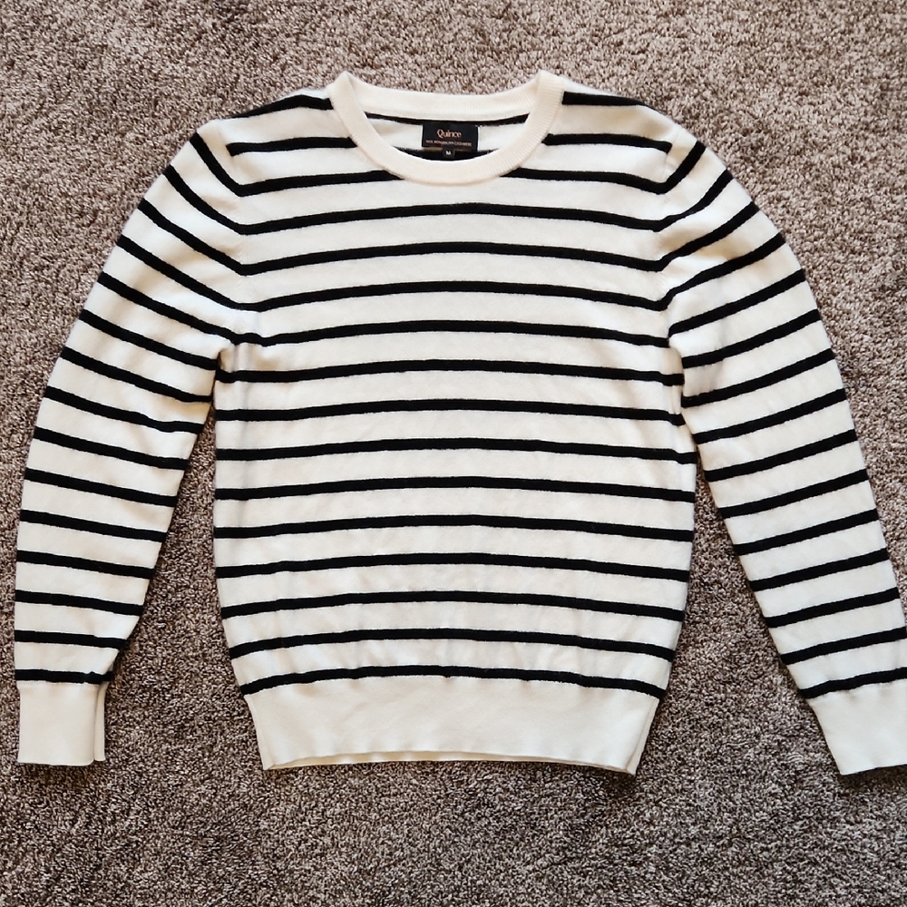 Quince Mongolian Cashmere Striped Sweater, Cream/Black, Medium